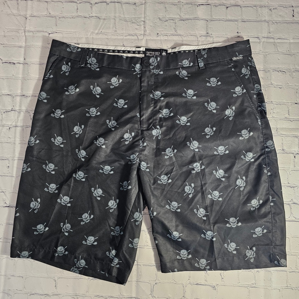 Tattoo Golf Golf Shorts Black Size 44 All Over Skull Print Logo Athletic